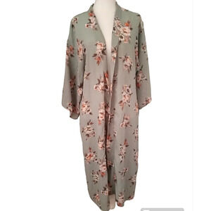 Penelope Project Sage Green Open Front Floral Print Duster Length Kimono Size XL